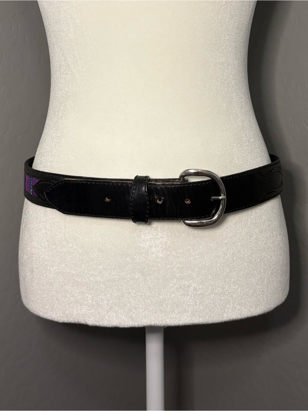 Black Leather Women's Western Belt- Purple and Teal Tapestry with Silver Buckle